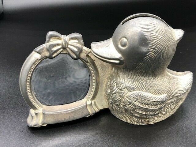 Vintage Metal Duck Bank With Attached Round  Photo Frame