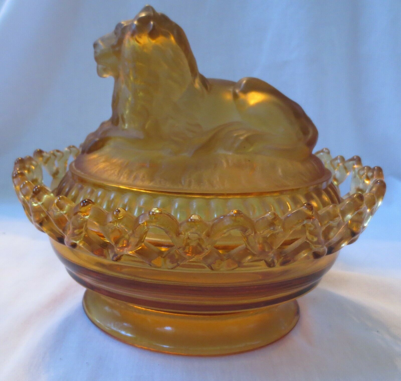 Amber Satin Imperial Glass Mid Century Lidded Candy Dish  Lion Vintage Lace Edge