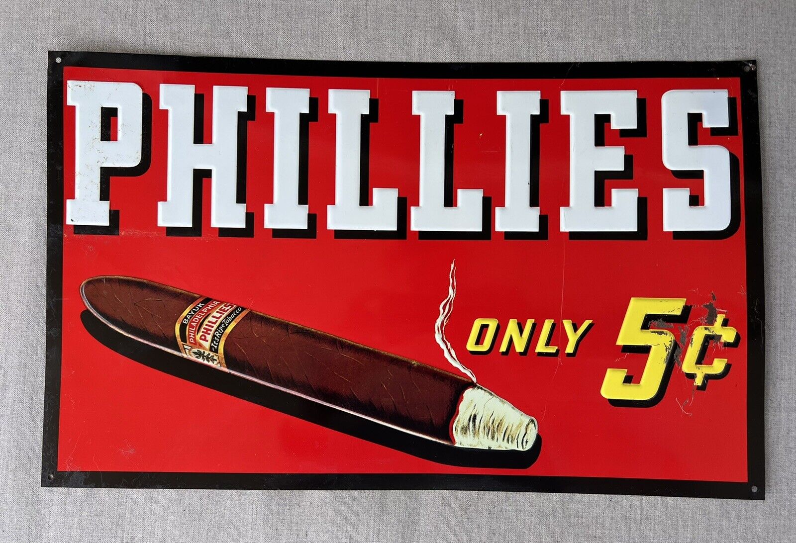 Vintage Phillies Cigar Embossed Sign Only 5c Bayuk Phillidephia Phillies Sign