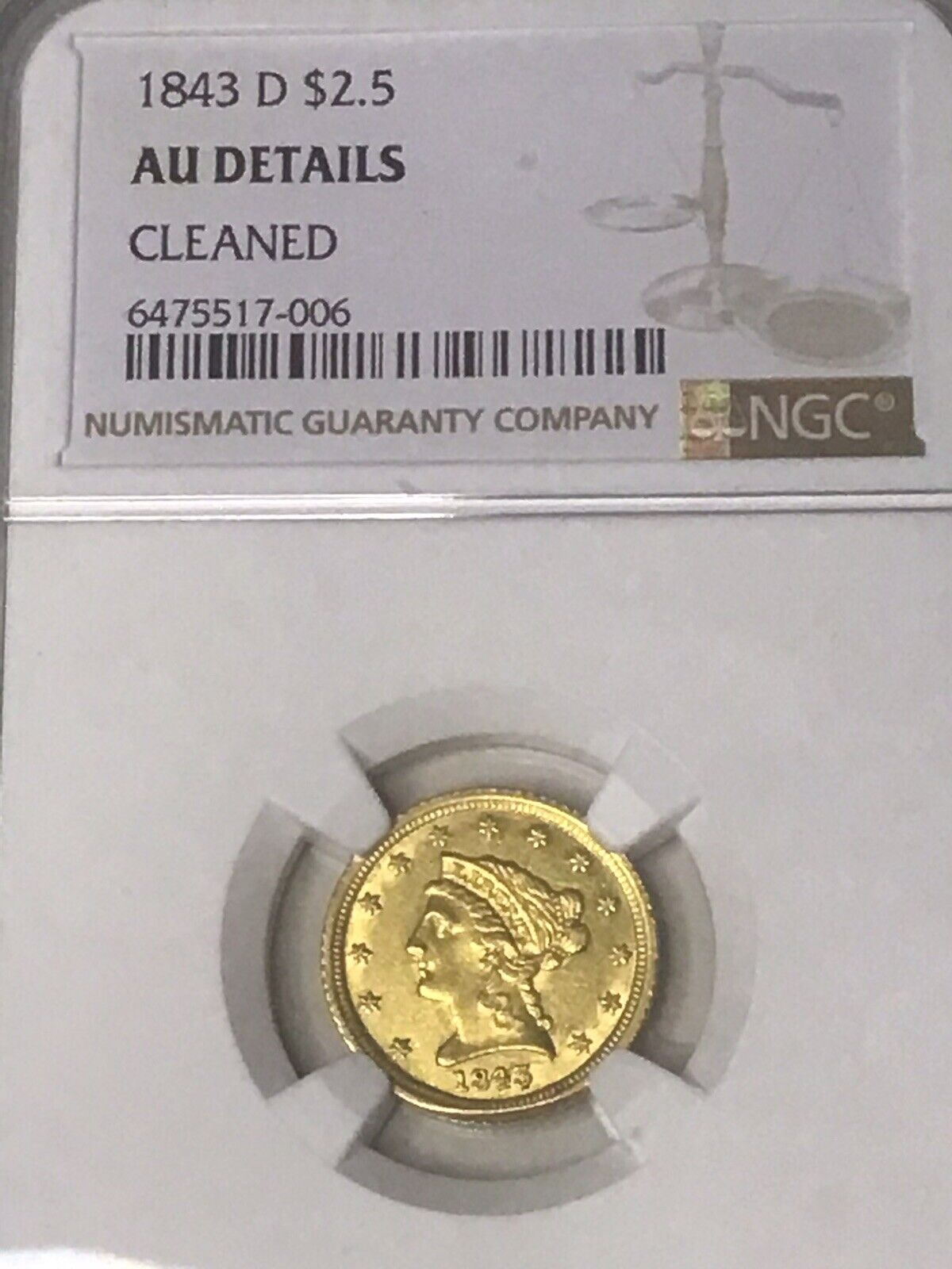 1843-d $2 1/2 Ngc Au Detail Cleaned (small D) Dahlonega Issue.