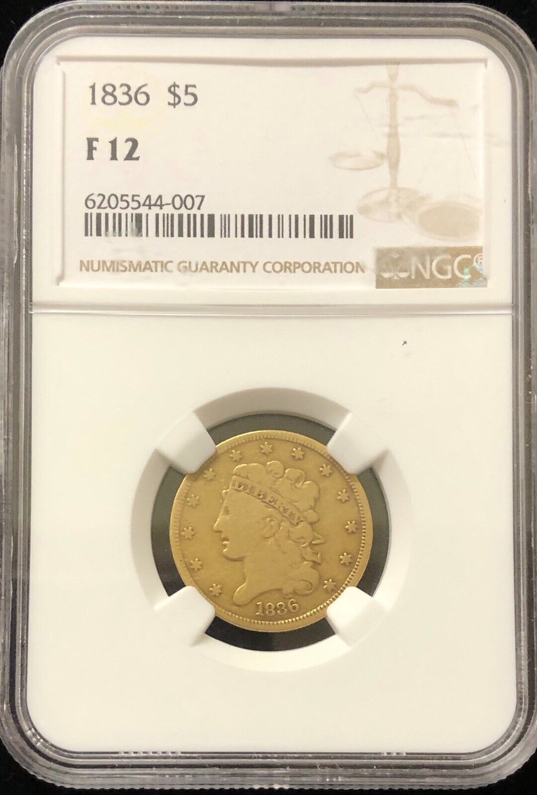 1836 $5 Classic Liberty Head  Gold Coin Ngc F12