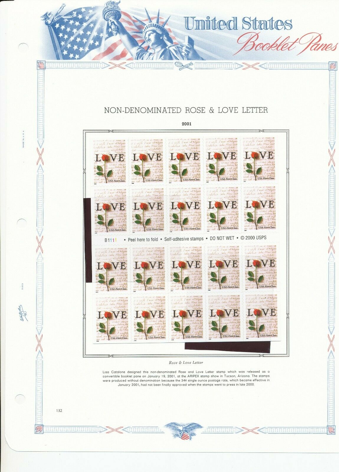Mnh   Usa   Booklet Panes  Issued  2000  On White Ace Pages  ( Bp 132)