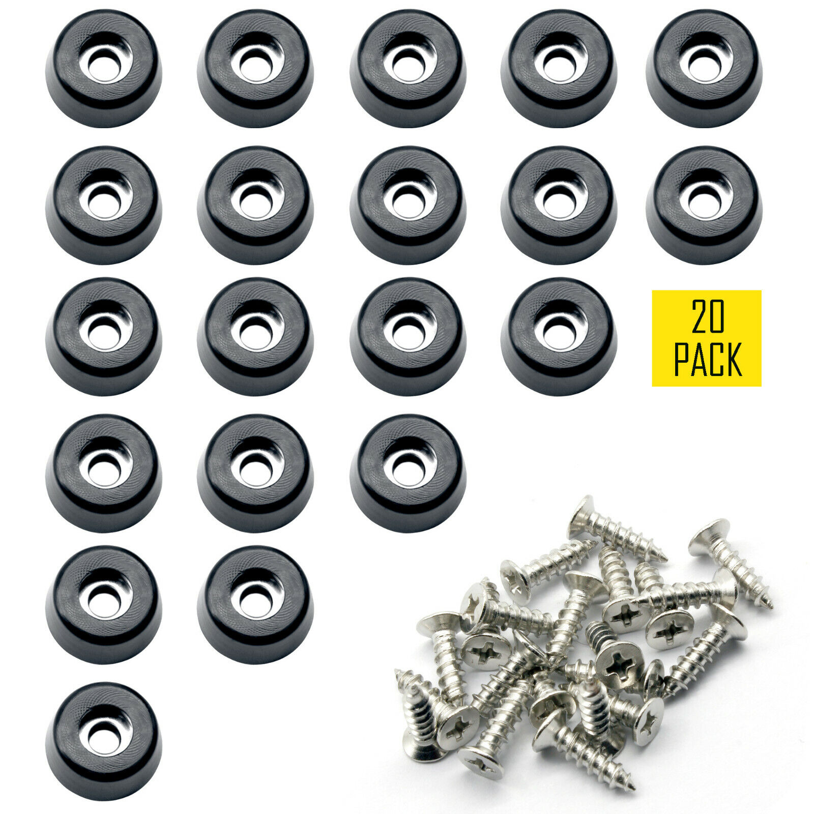 3/4" Small Hard Rubber Bumper Feet With Stainless Washer And Screws, 20 Pack