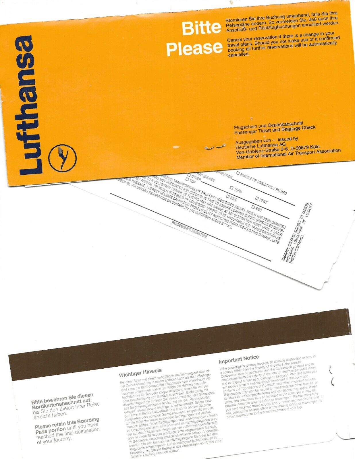 Vintage Lh Lufthansa  Employee Pass Receipt  W/tkt Envelope Haj-fra-ord