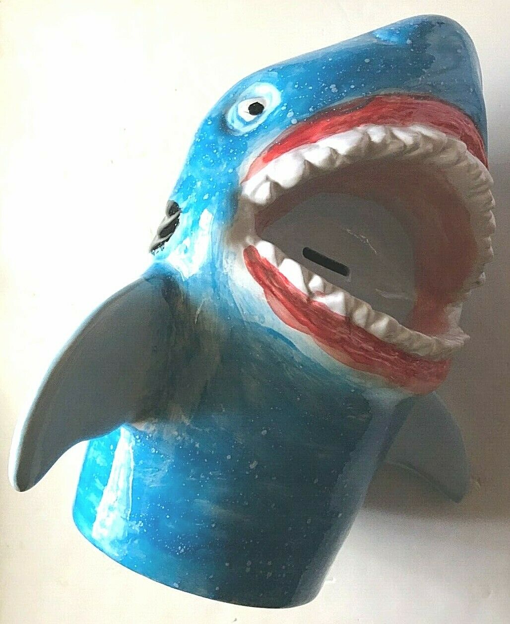 13" Unbranded Ceramic Glazed Blue White Red Black Shark Bank