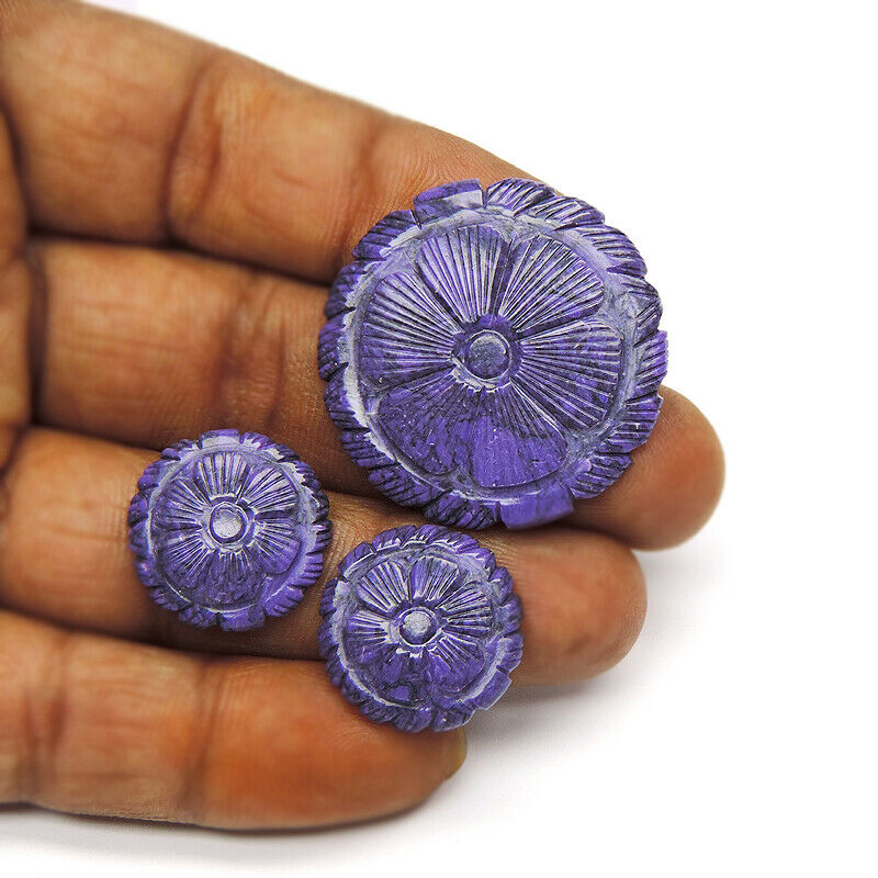 Purple 3 Pcs Set 43.55 Cts 3 Pcs Flower Shape Carving Stabilized Gemstone $nr!