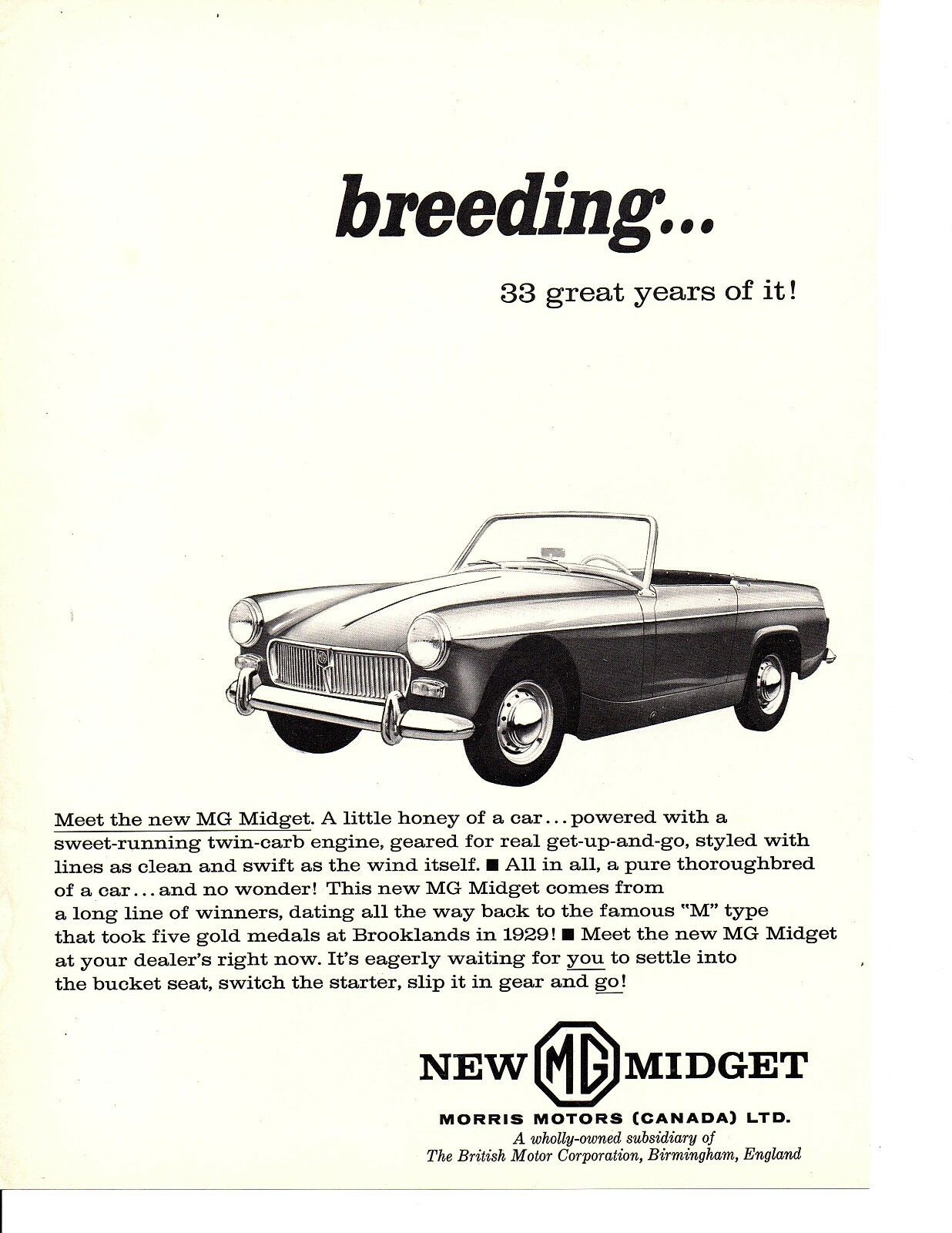 1962 Mg Midget~ Original Canadian Print Ad