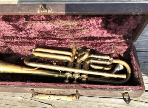 Vintage Antique? Czechoslovakia Trumpet W/ Original Case Elk Horn Mouthpiece