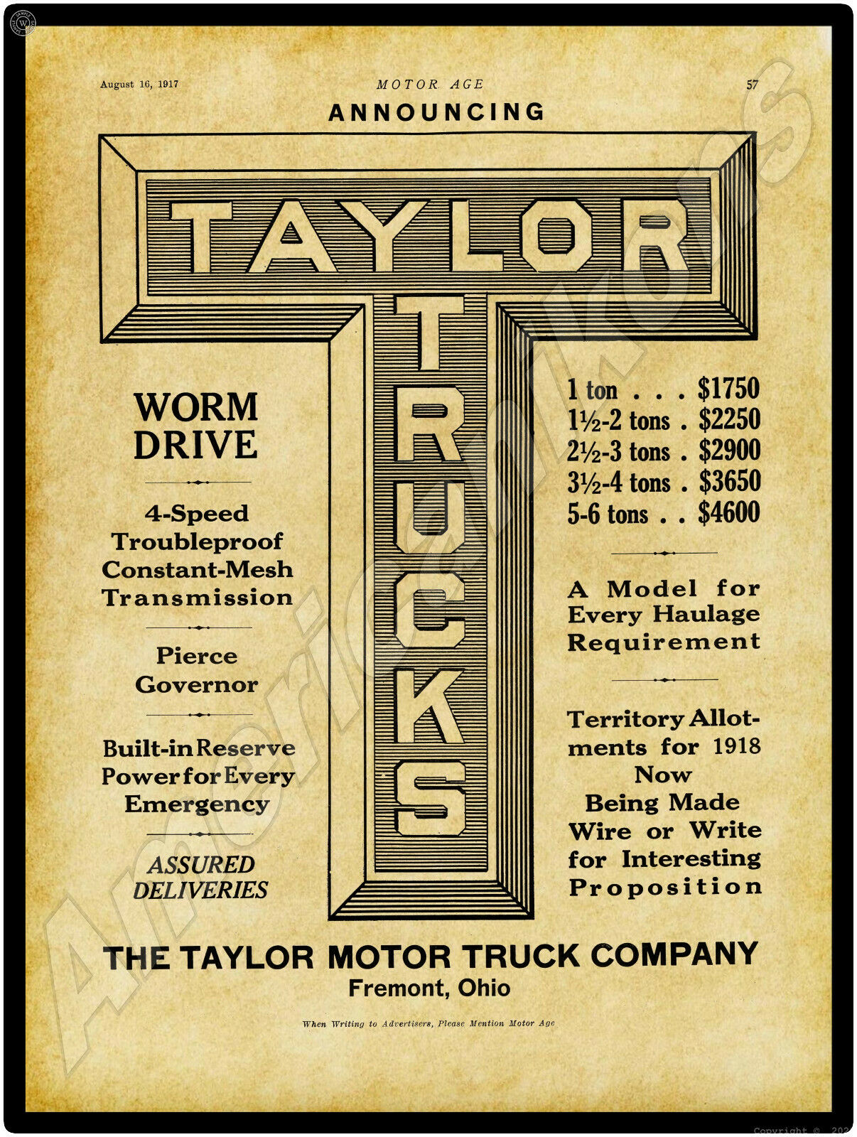 1917 Taylor Worm Drive Motor Trucks New Metal Sign: Fremont, Ohio