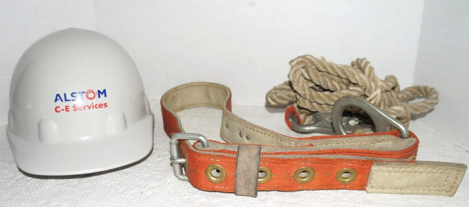Vtg Klein Tools 5441 Large Lineman Belt W/10’ Safety Rope & Fibre Metal Hard Hat
