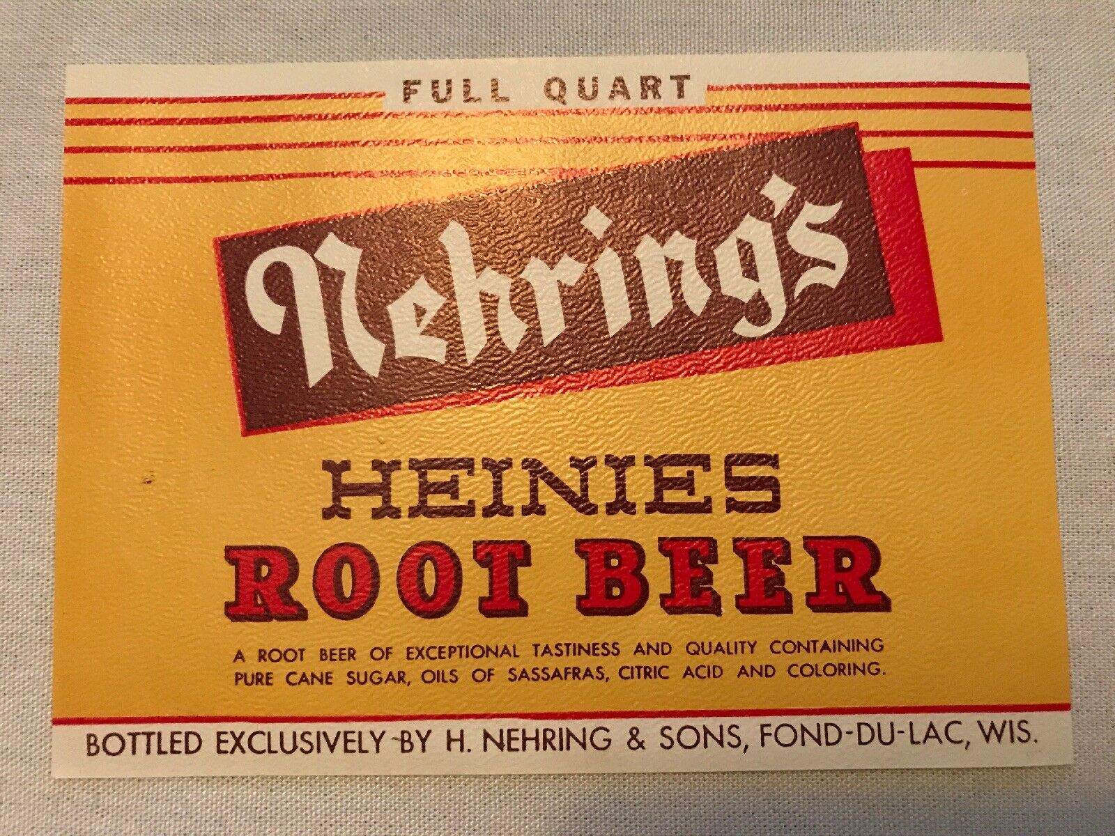 Nehrings Heinies Root Beer Vintage Bottle Label, Fond Du Lac, Wisconsin
